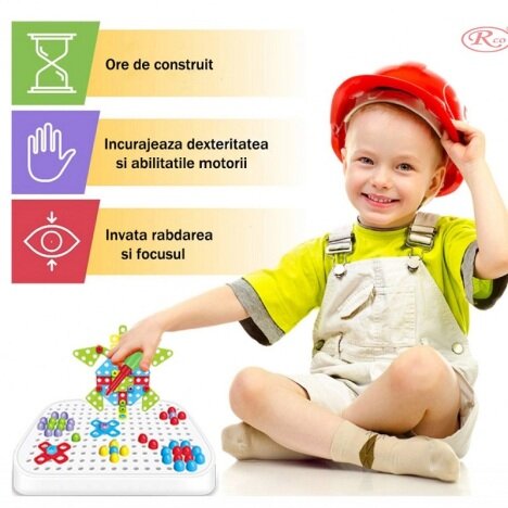 Jucarie educativa si interactiva stem, set de constructie puzzle din abs cu bormasina pentru inginer