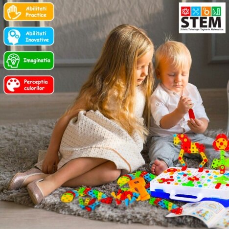 Jucarie educativa si interactiva stem, set de constructie puzzle din abs cu bormasina pentru inginer