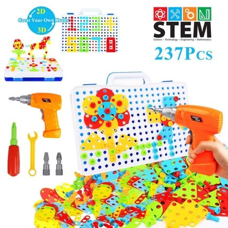 Jucarie educativa si interactiva stem, set de constructie puzzle din abs cu bormasina pentru inginer